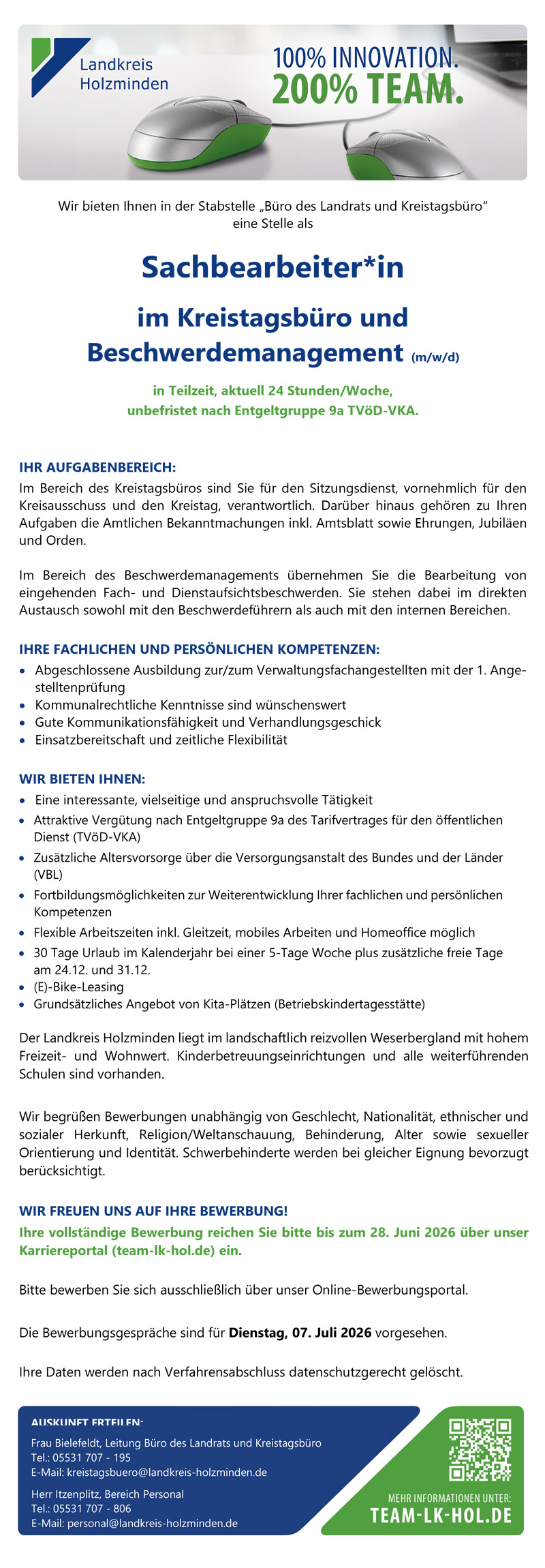 Sachbearbeiter/-in im Kreistagsbüro und Beschwerdemanagement (m/w/d) - Landkreis Holzminden