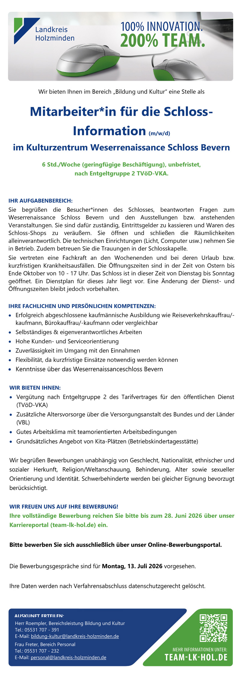 Mitarbeiter/-in für die Schloss-Information (m/w/d) - Landkreis Holzminden 