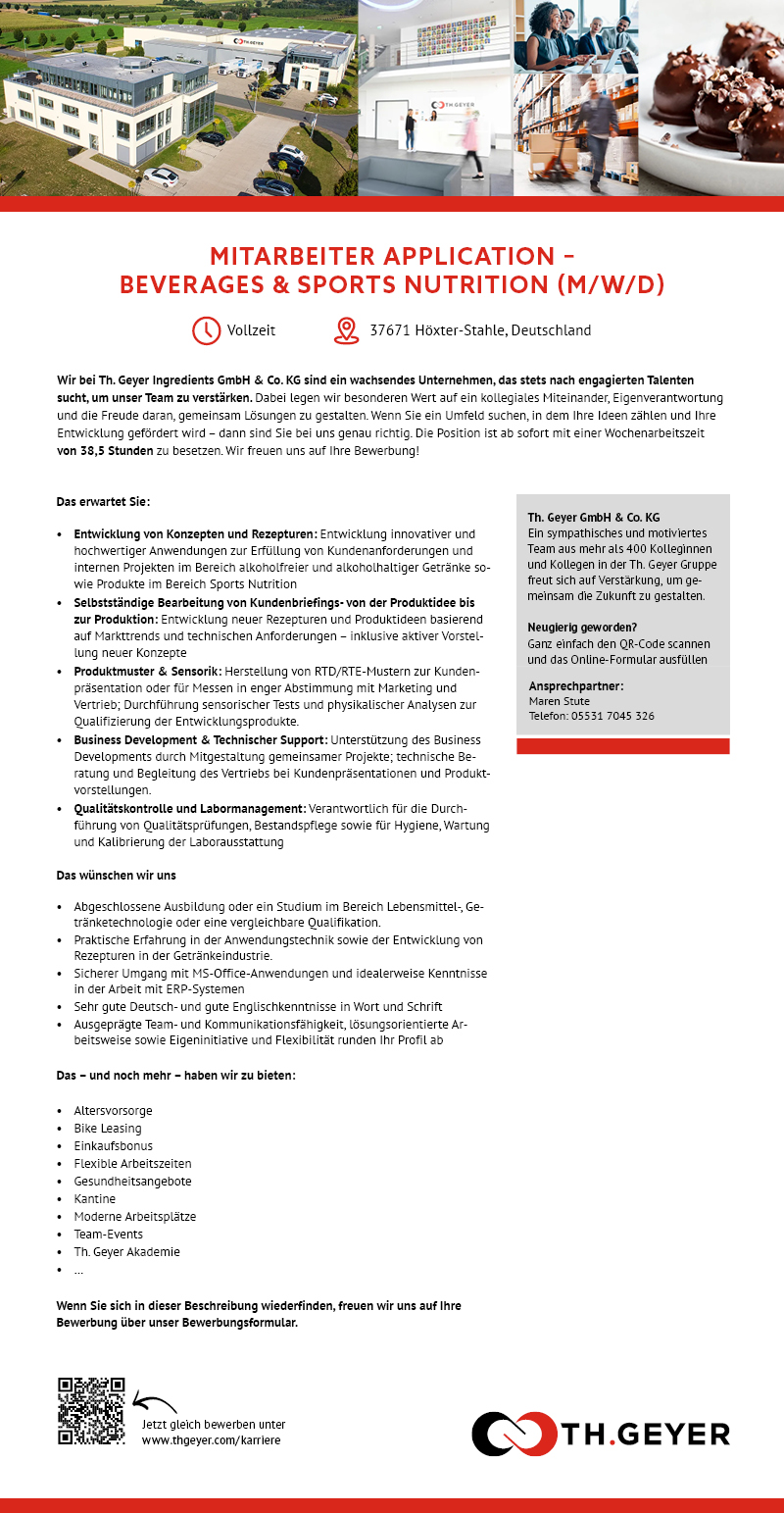 Mitarbeiter/in Application - Beverages & Sports Nutrition (m/w/d) - TH.GEYER Höxter-Stahle