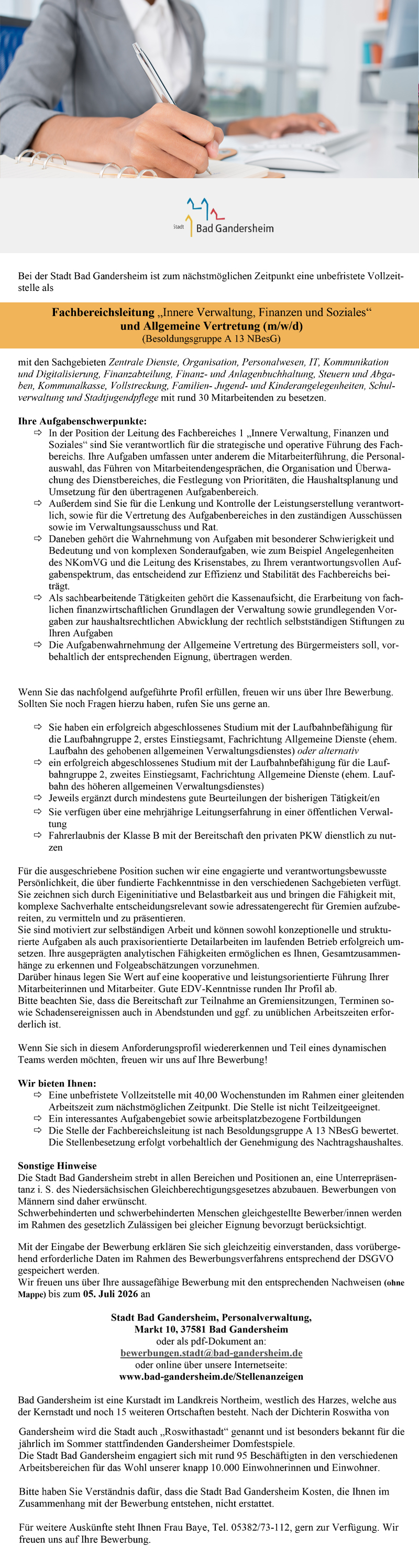 Fachbereichsleitung - Innere Verwaltung, Finanzen und Soziales - und Allgemeine Vertretung (m/w/d) - Stadt Bad Gandersheim