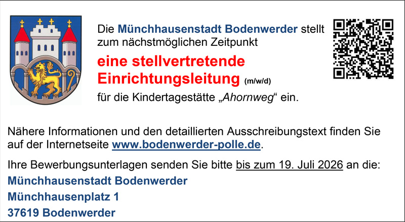 Stellvertretende Einrichtungsleitung (m/w/d) - Samtgemeinde Bodenwerder-Polle 