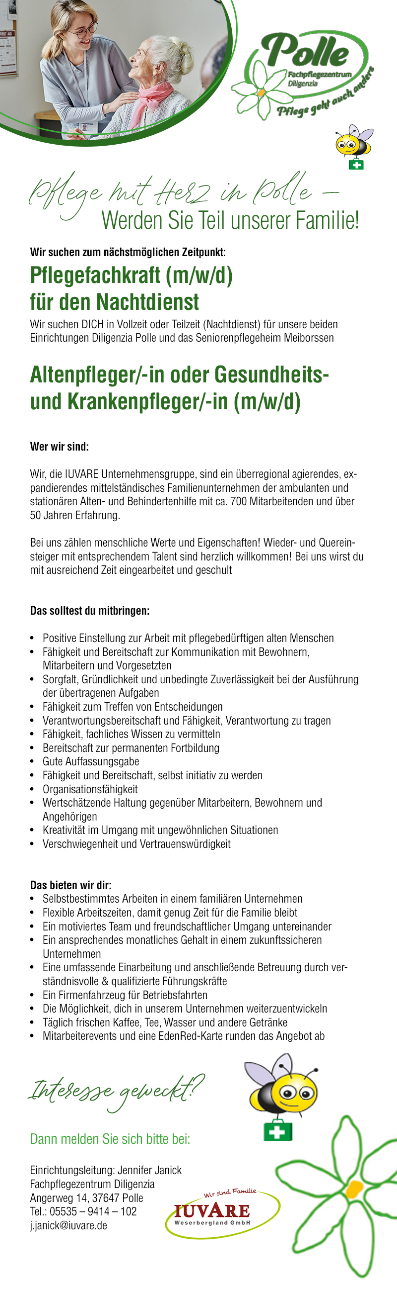 Pflegefachkraft für den Nachtdienst / Altenpfleger/in oder Gesundheits- und Krankenpfleger/in (m/w/d) - Fachpflegezentrum Diligenzia Polle