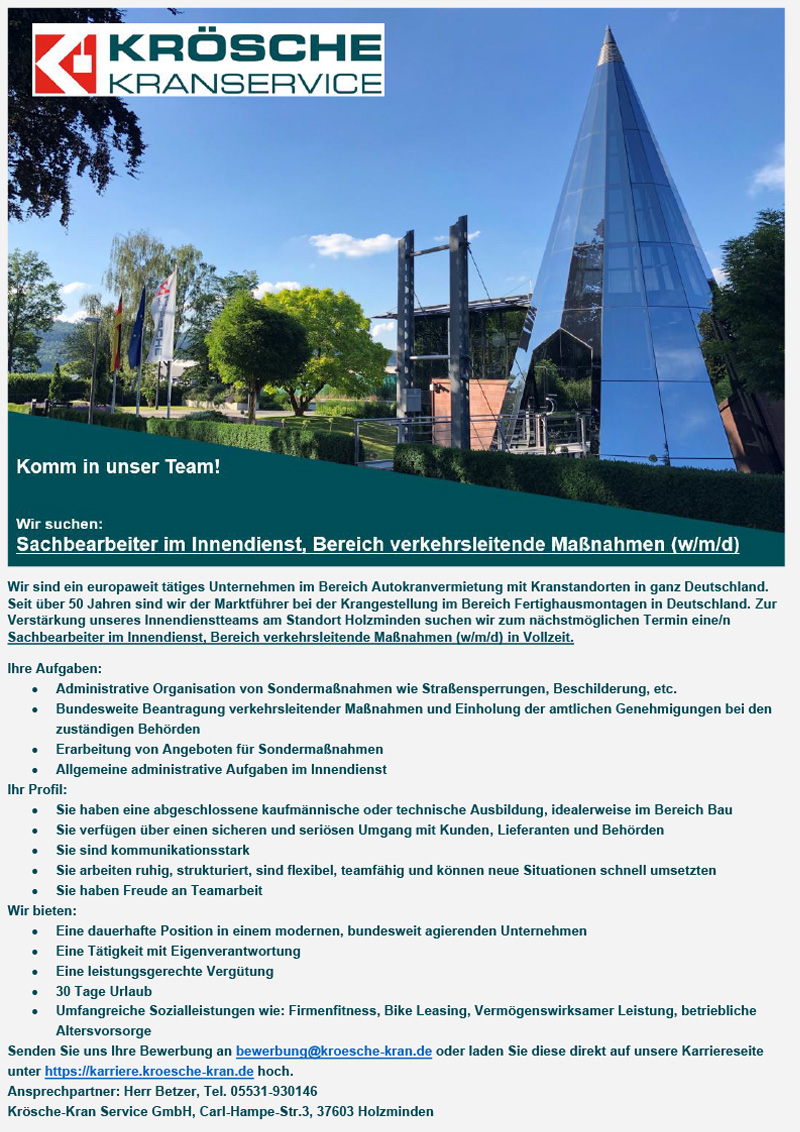 Sachbearbeiter im Innendienst  Bereich verkehrsleitende Maßnahmen (m/w/d) - Krösche-Kran Service GmbH