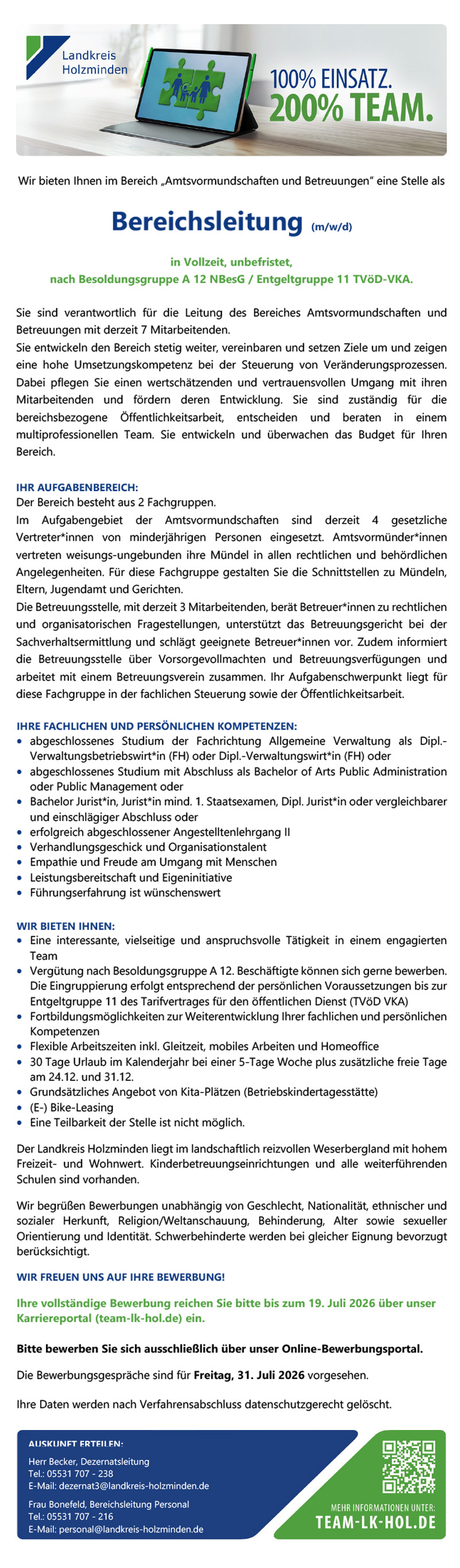 Bereichsleitung (m/w/d) - Landkreis Holzminden