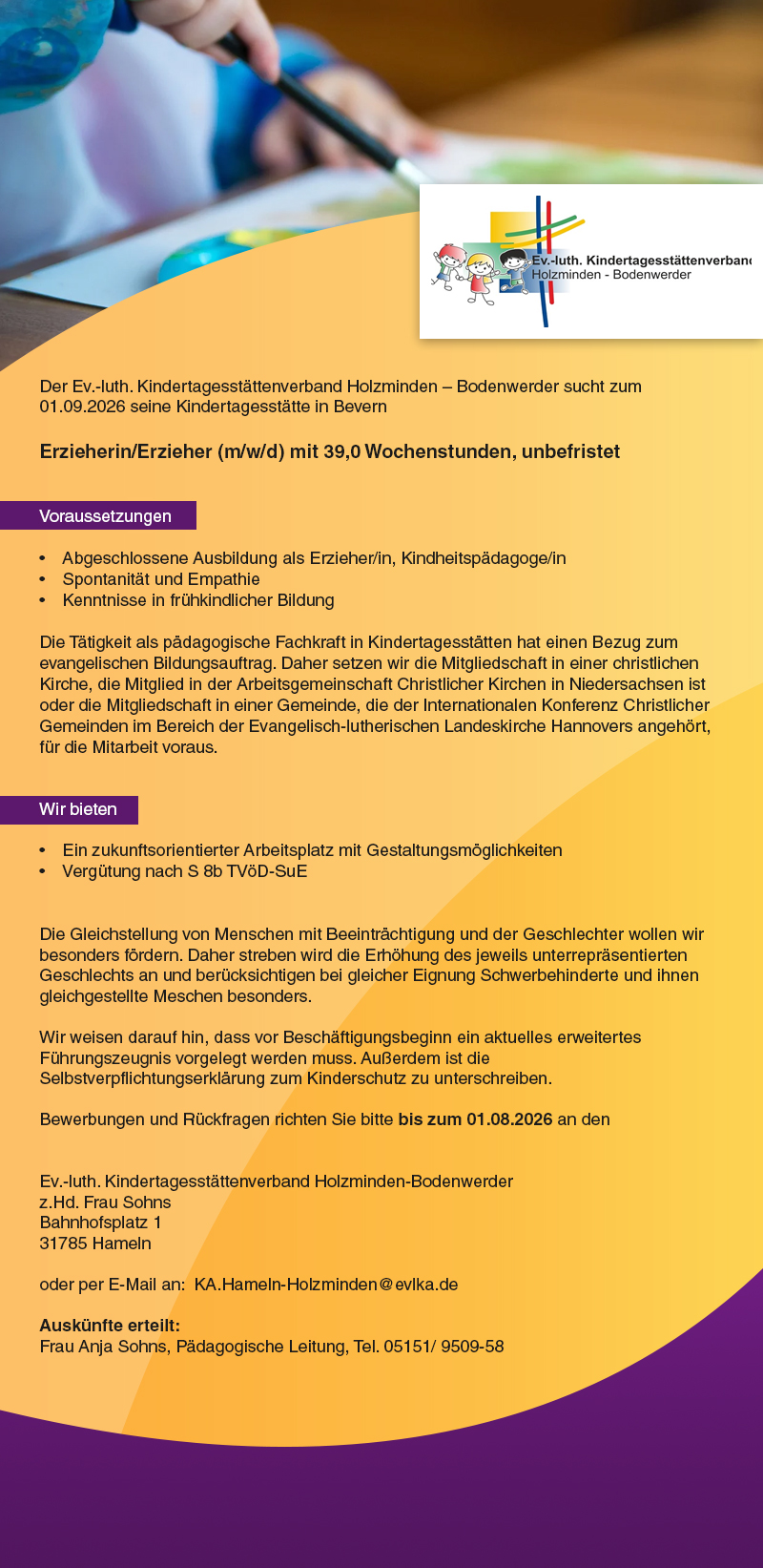 Erzieher/in in Bevern (m/w/d) - Ev.luth. Kindertagesstättenverband Holzminden-Bodenwerder