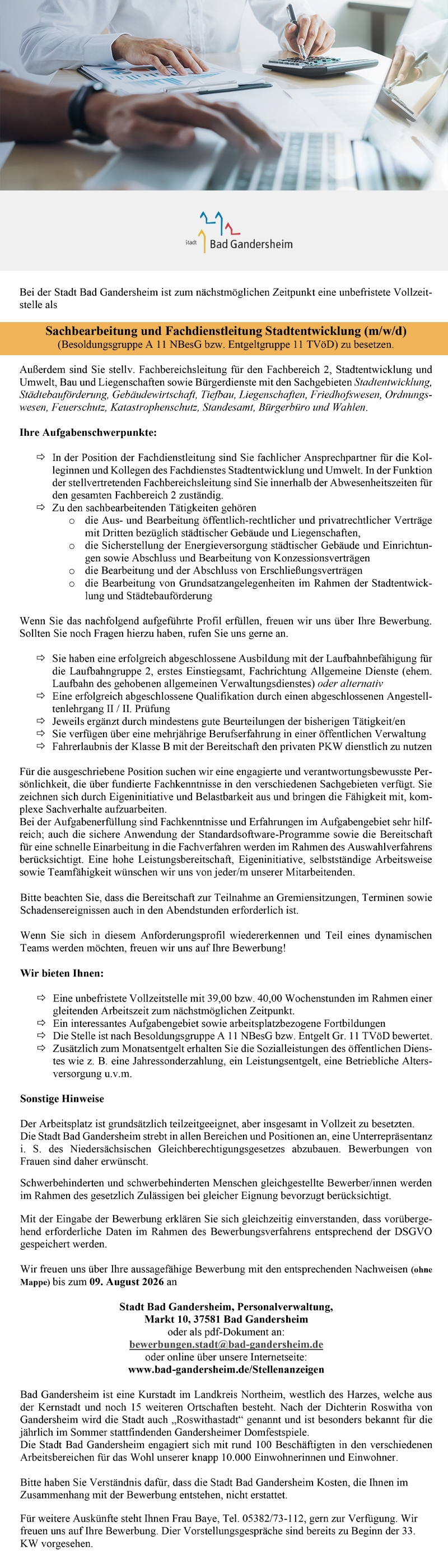 Sachbearbeitung und Fachdienstleitung Stadtentwicklung  (m/w/d) - Stadt Bad Gandersheim