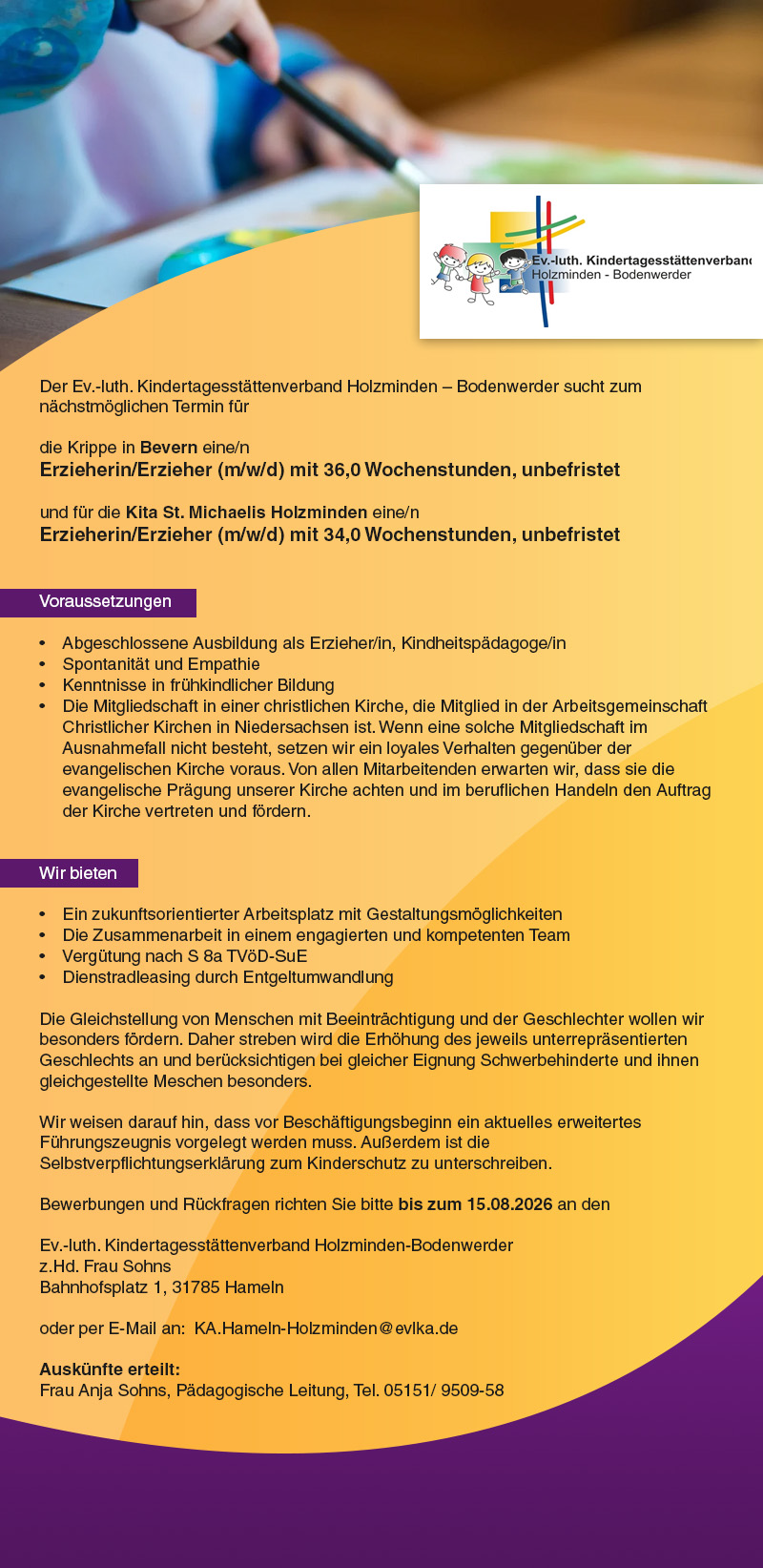 Erzieher/in (m/w/d) - Ev.luth. Kindertagesstättenverband Holzminden-Bodenwerder