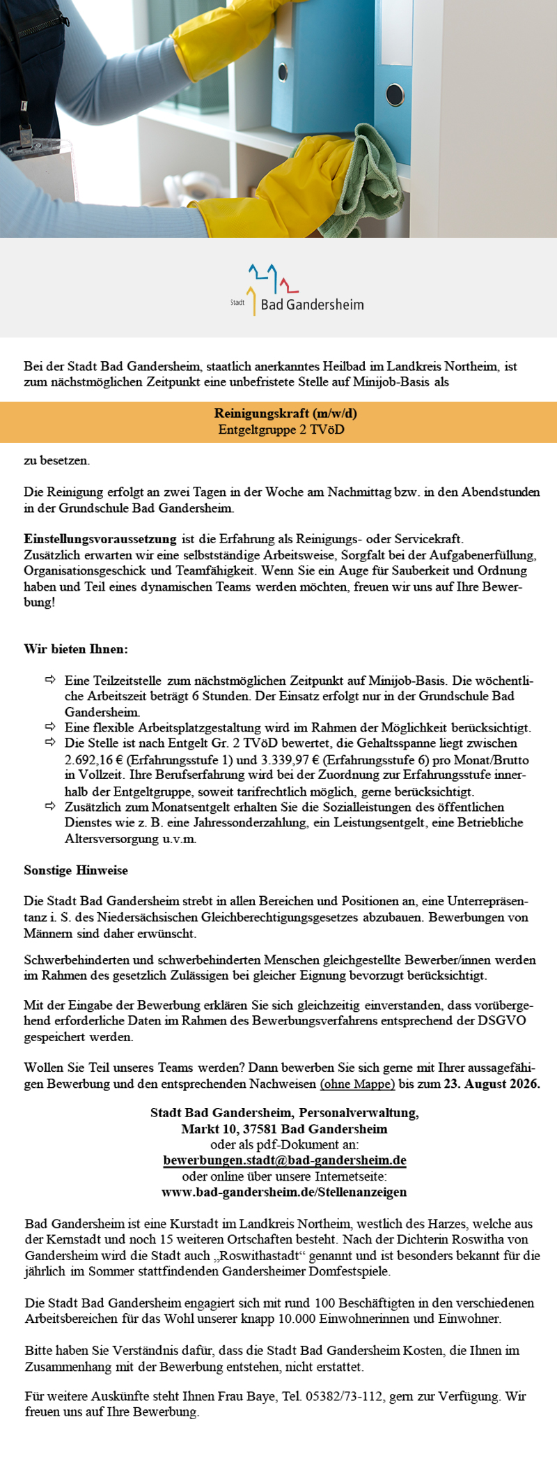 Reinigungskraft  (m/w/d) - Stadt Bad Gandersheim