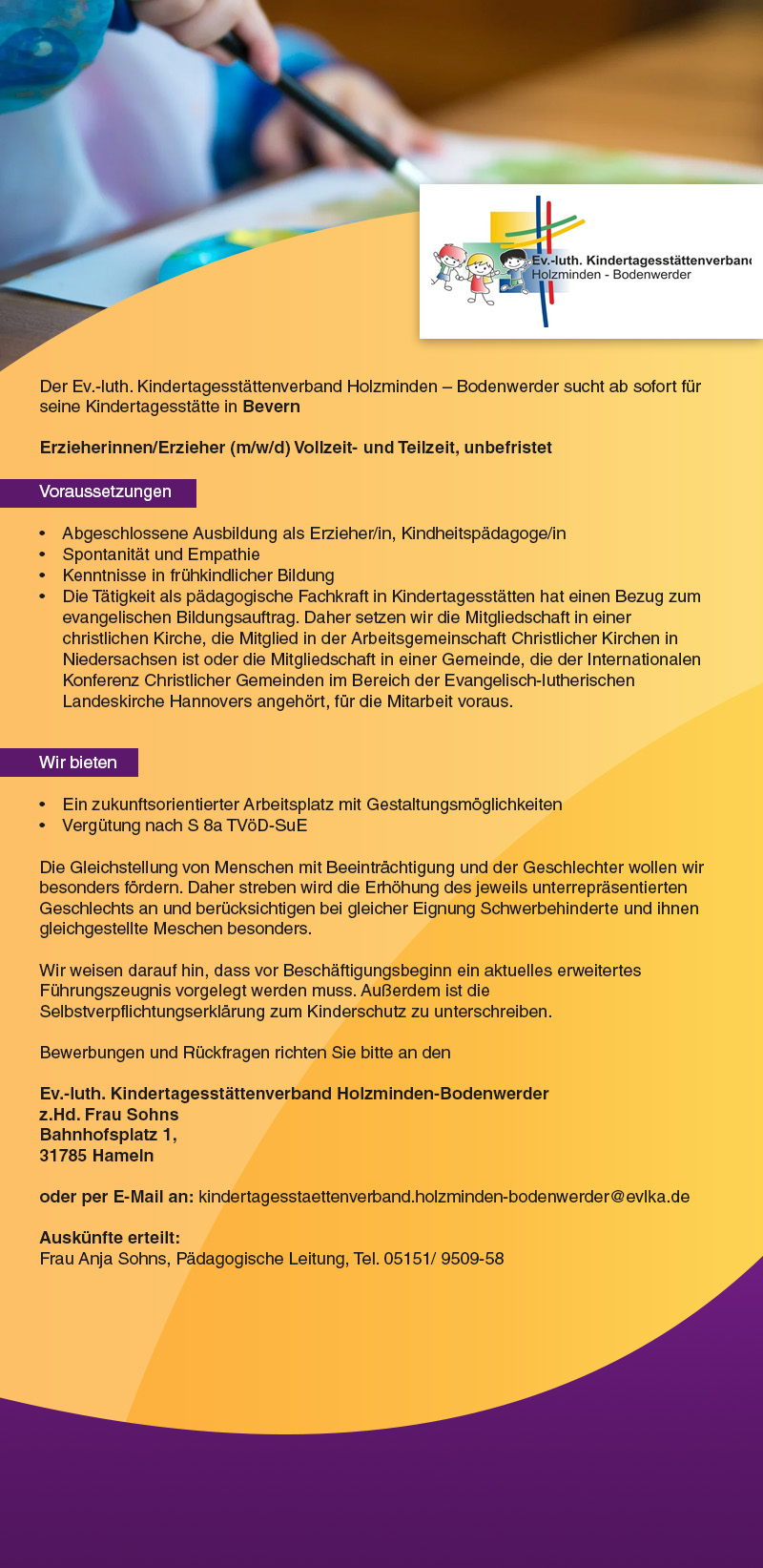 Erzieher/in für die Kindertagesstätte in Bevern (m/w/d) - Ev.luth. Kindertagesstättenverband Holzminden-Bodenwerder 
