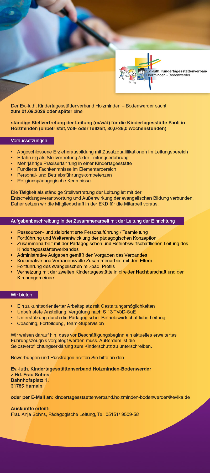 Stellvertretung der Leitung (m/w/d) - Ev.luth. Kindertagesstättenverband Holzminden-Bodenwerder
