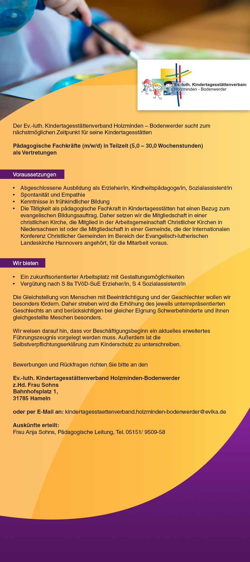Pädagogische Fachkräfte (m/w/d) - Ev.luth. Kindertagesstättenverband Holzminden-Bodenwerder