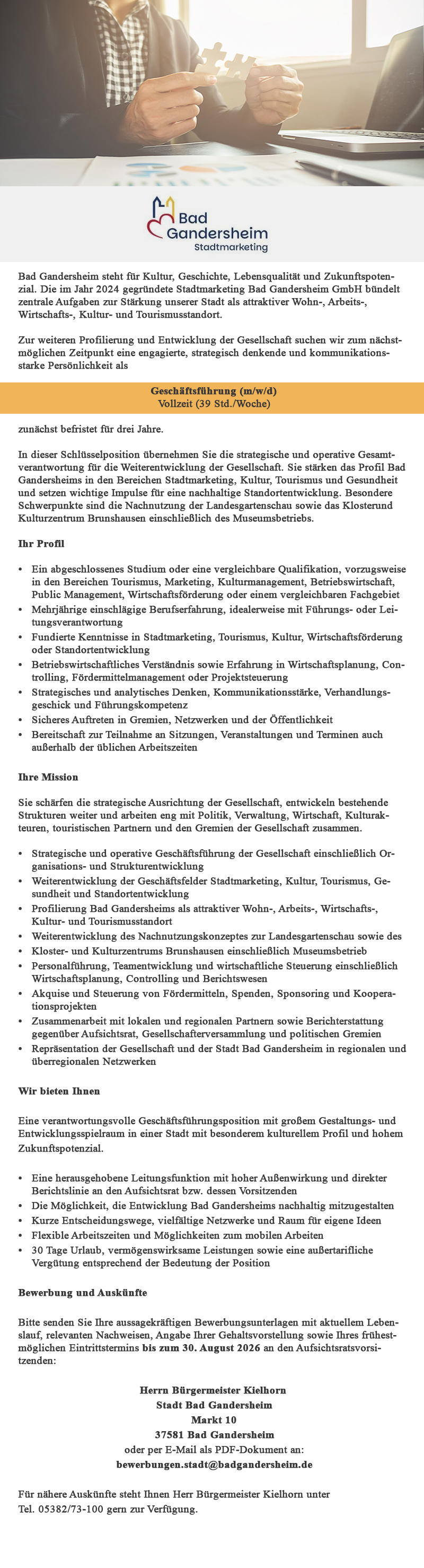 Geschäftsführung (m/w/d) - Bad Gandersheim Stadtmarketing
