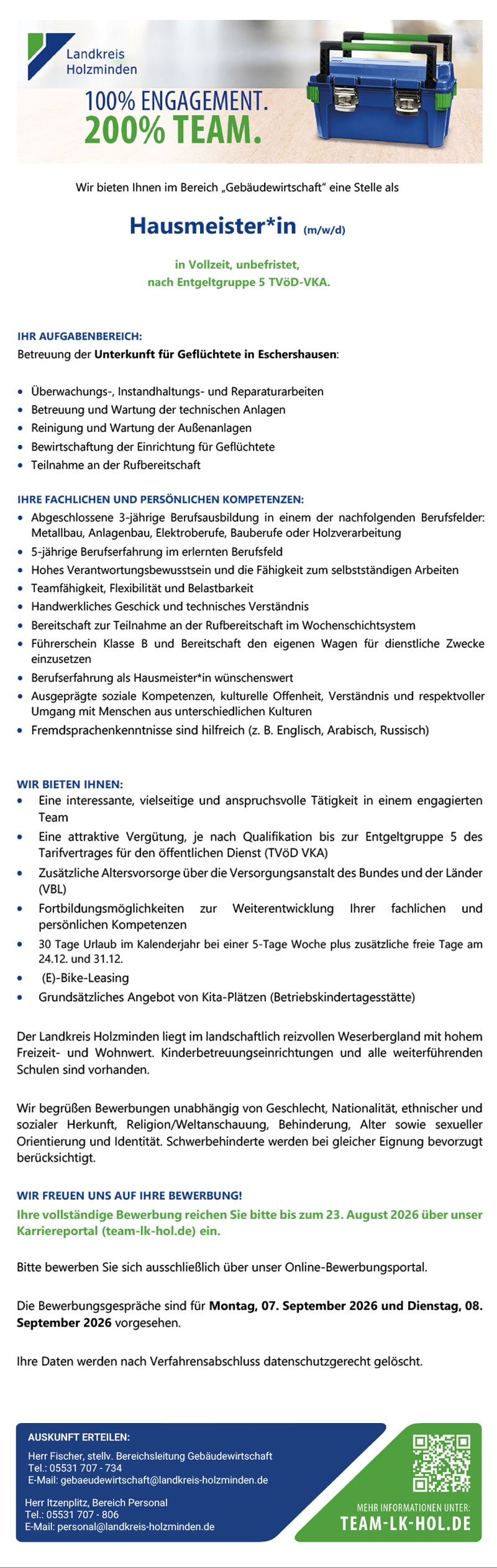 Hausmeister/-in - Unterkunft für Geflüchtete in Eschershausen (m/w/d) - Landkreis Holzminden