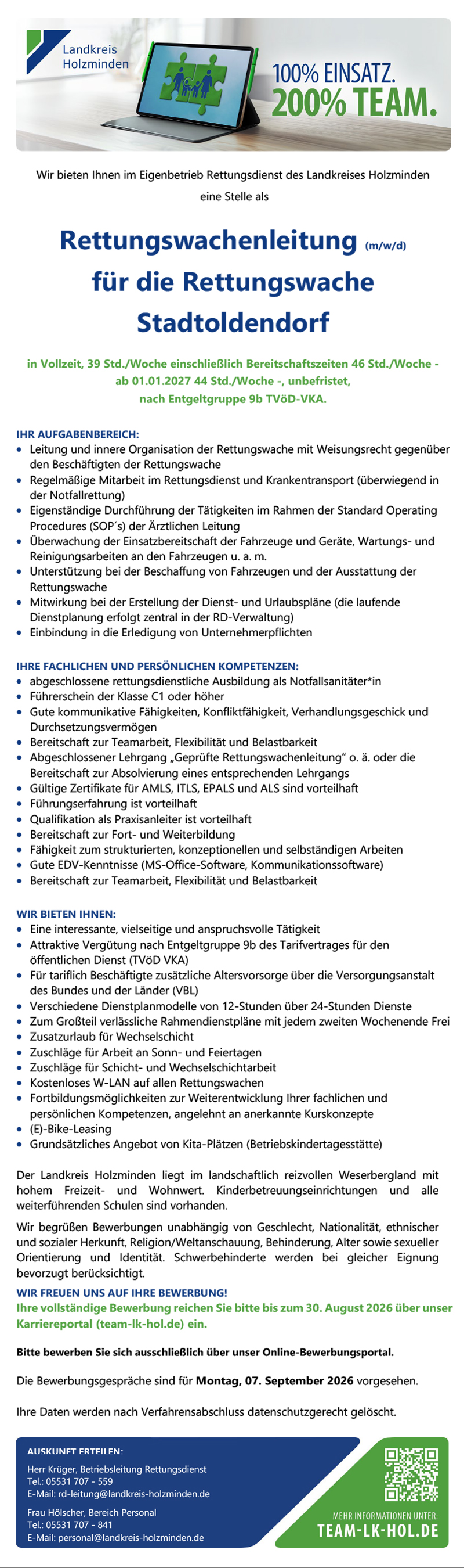 Rettungswachenleitung (m/w/d) für die Rettungswache Stadtoldendorf - Landkreis Holzminden