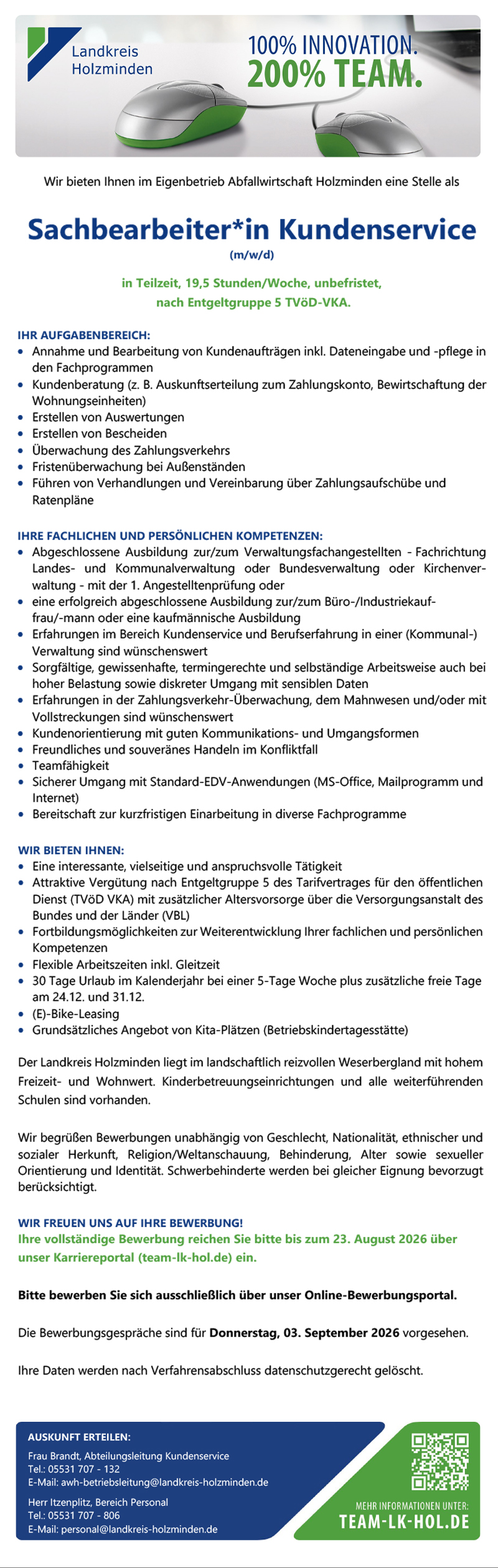 Sachbearbeiter/-in Kundenservice (m/w/d) - Landkreis Holzminden