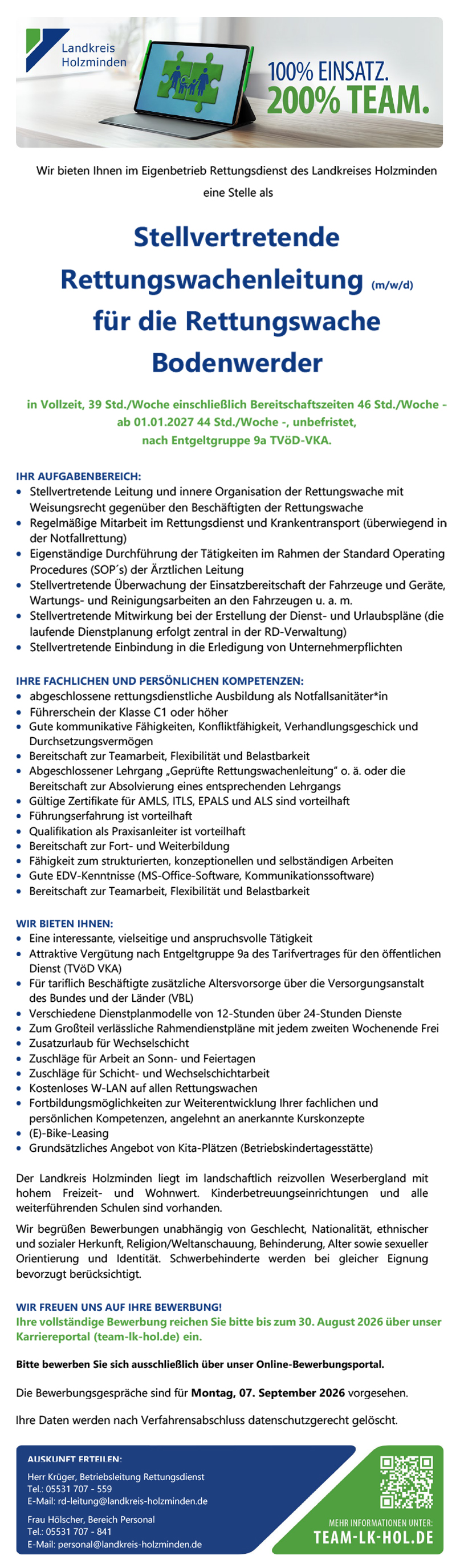 Stellvertretende Rettungswachenleitung (m/w/d) für die Rettungswache Bodenwerder - Landkreis Holzminden