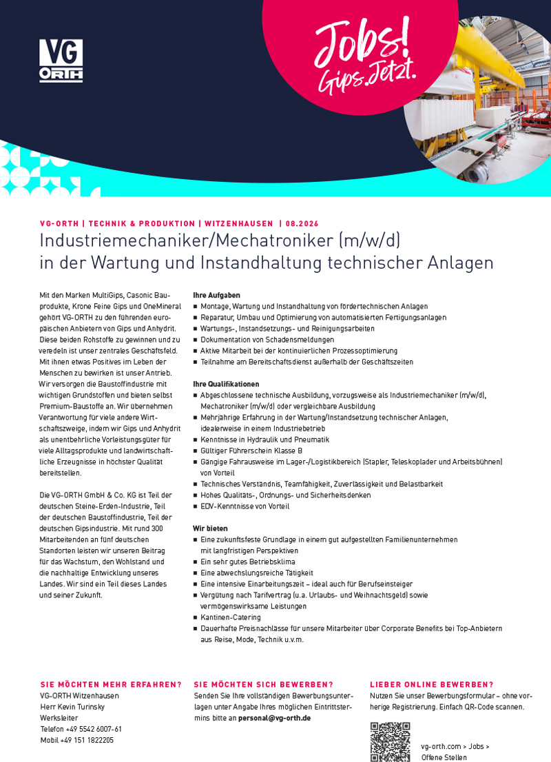 Industriemechaniker / Mechatroniker (m/w/d)  - VG-ORTH GmbH & Co. KG