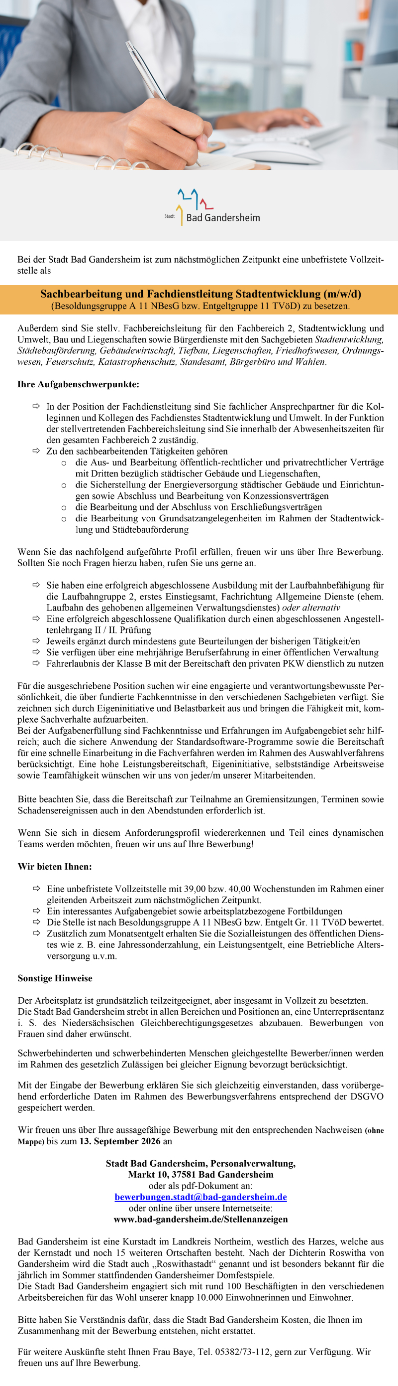Sachbearbeitung und Fachdienstleitung Stadtentwicklung  (m/w/d) - Stadt Bad Gandersheim