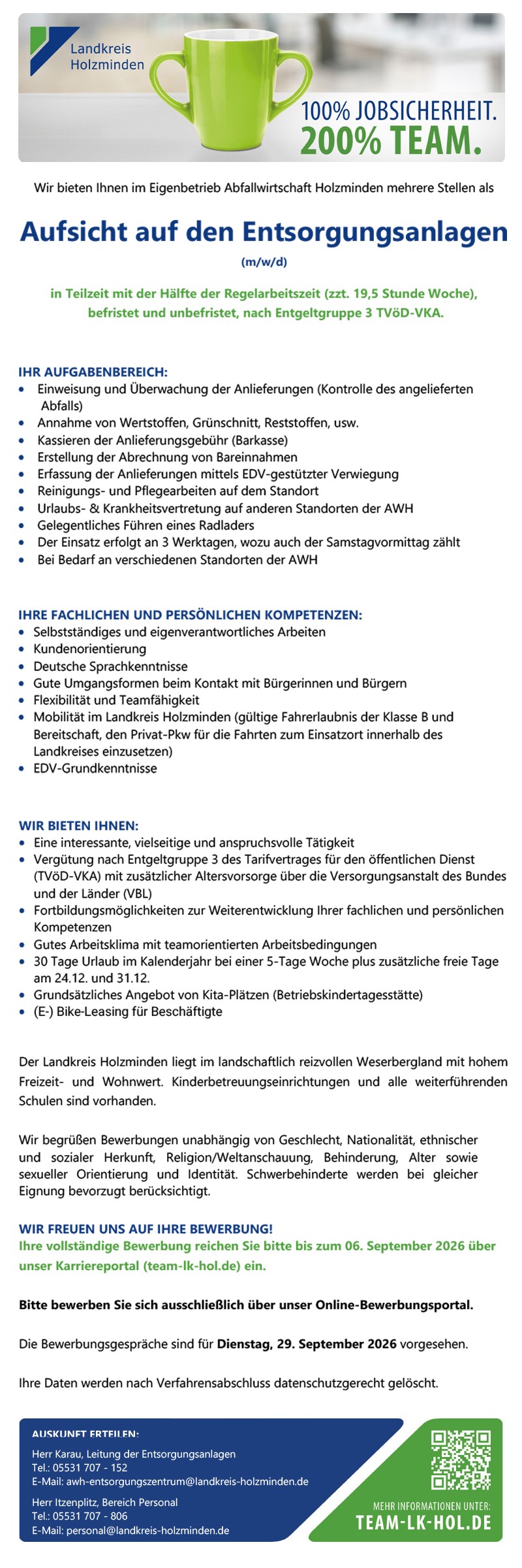 Aufsicht auf den Entsorgungsanlagen (m/w/d) - Landkreis Holzminden