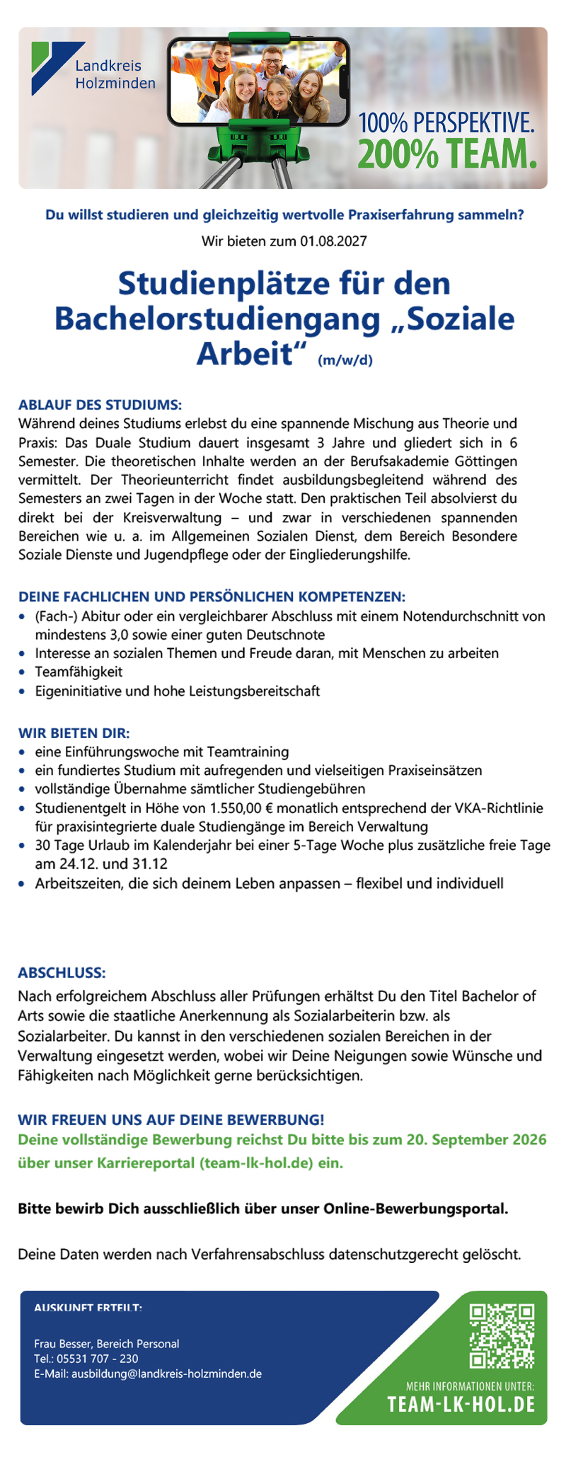 Studienplätze für den Bachelorstudiengang „Soziale Arbeit“   (m/w/d) - Landkreis Holzminden