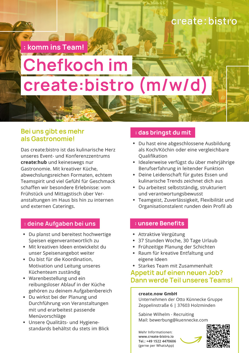 Chefkoch für das create:bistro (m/w/d) - create.now GmbH