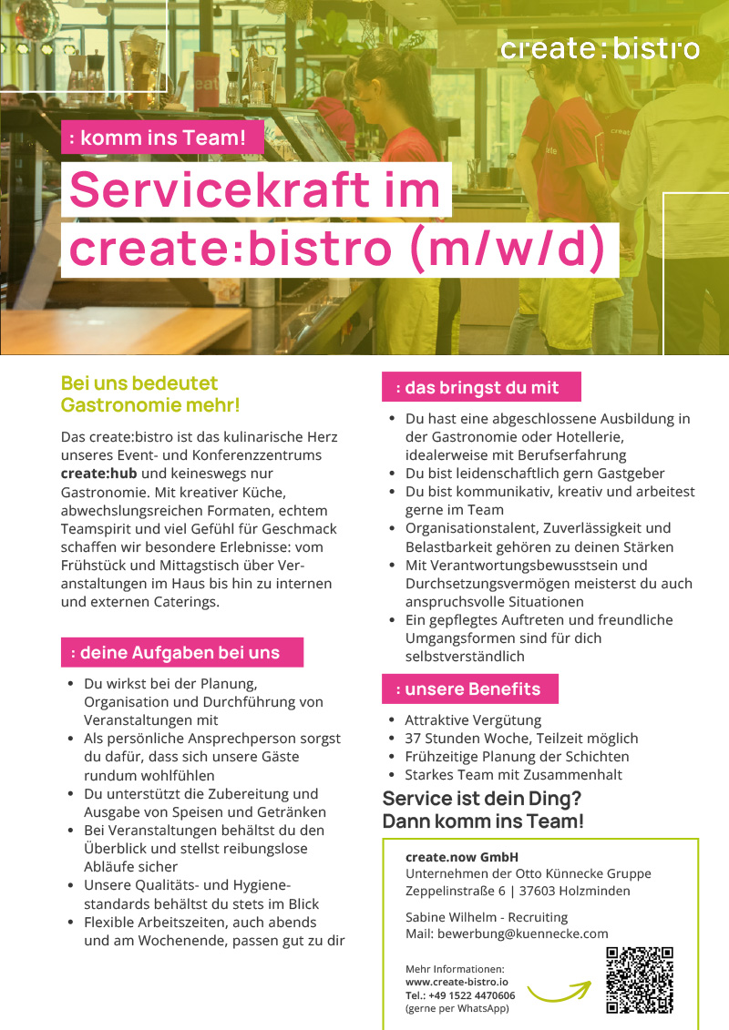 Servicekraft für das create:bistro (m/w/d) - create.now GmbH