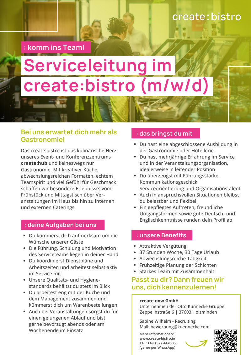 Serviceleitung für das create:bistro (m/w/d) - create.now GmbH