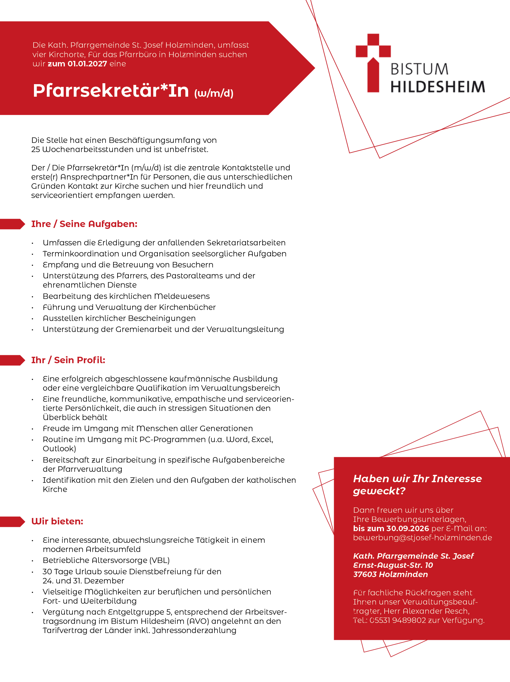 Pfarrsekretär/in (m/w/d) - Kath. Pfarrgemeinde St. Josef Holzminden 