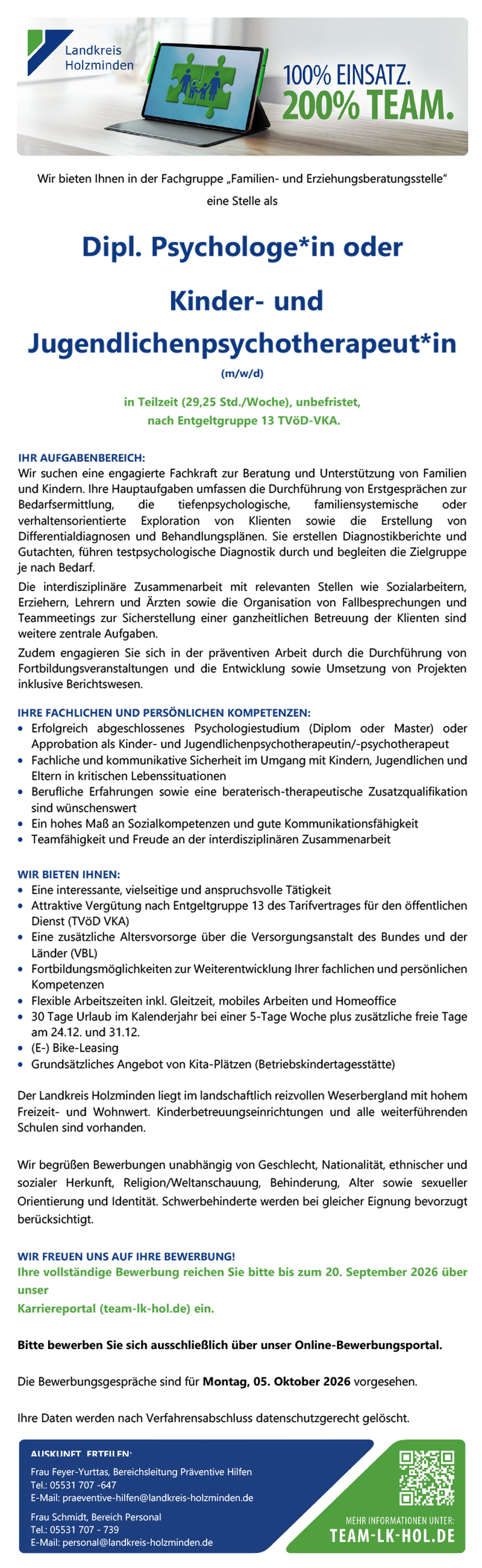 Dipl. Psychologe/-in oder Kinder- & Jugendlichenpsychotherapeut/-in   (m/w/d) - Landkreis Holzminden 