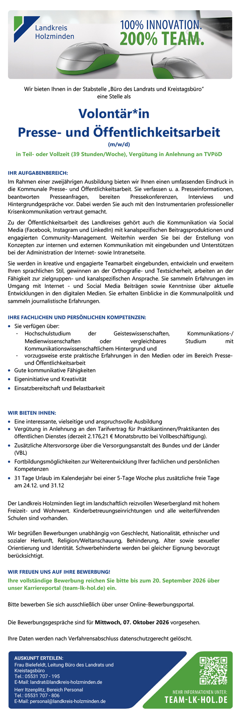 Volontär/-in Presse und Öffentlichkeitsarbeit  (m/w/d) - Landkreis Holzminden 