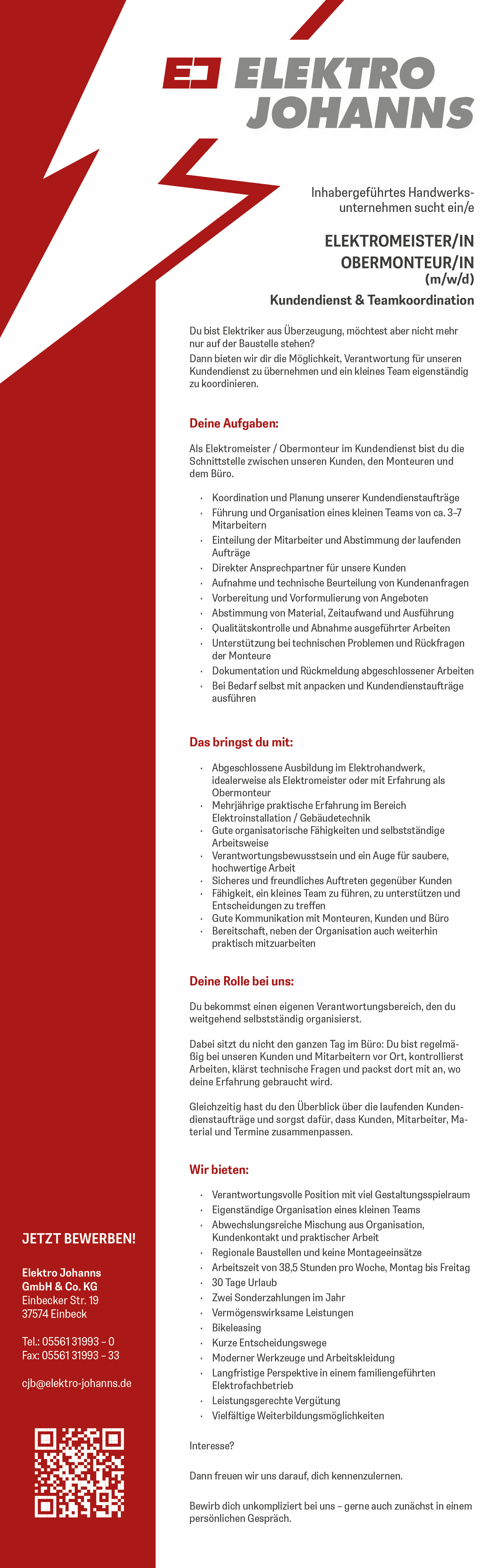 Elektromeister/in, Obermonteur/in (m/w/d) - Elektro Johanns