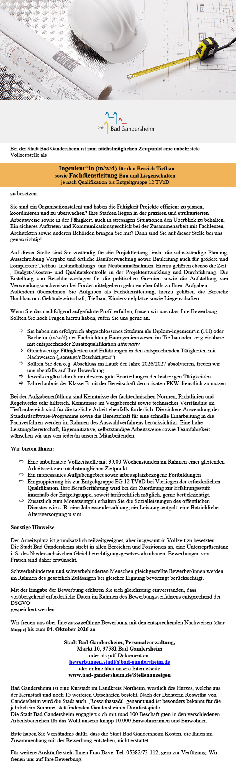 Ingenieur/-in für den Bereich Tiefbau sowie Fachdienstleitung Bau und Liegenschaften (m/w/d) - Stadt Bad Gandersheim