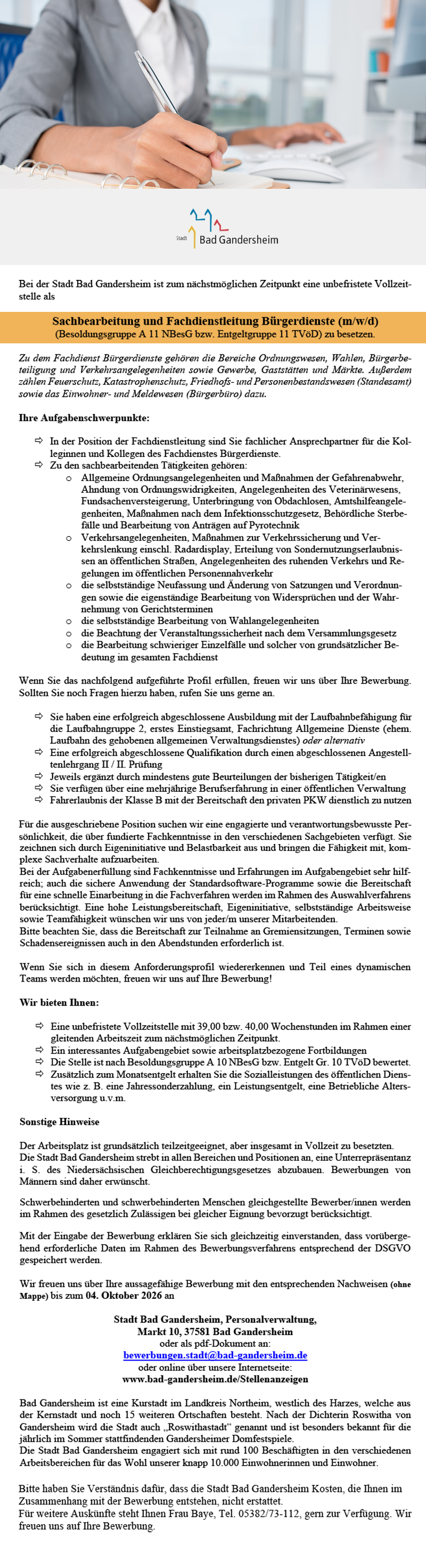 Sachbearbeitung und Fachdienstleitung Bürgerdienst (m/w/d) - Stadt Bad Gandersheim