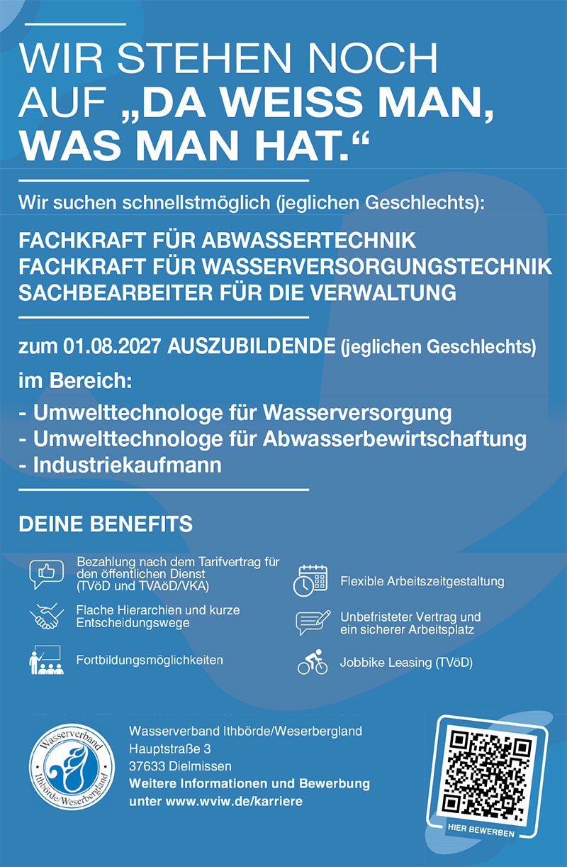 Fachkräfte, Sachbearbeiter für die Verwaltung + Auszubildende (m/w/d) - WVIW Wasserverband Ithbörde/Weserbergland