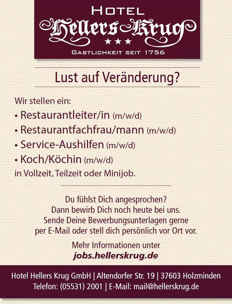 Restaurantleiter/in, Restaurantfachfrau/mann, Service-Aushilfen, Koch/Köchin - (m/w/d) - Hotel Hellers Krug