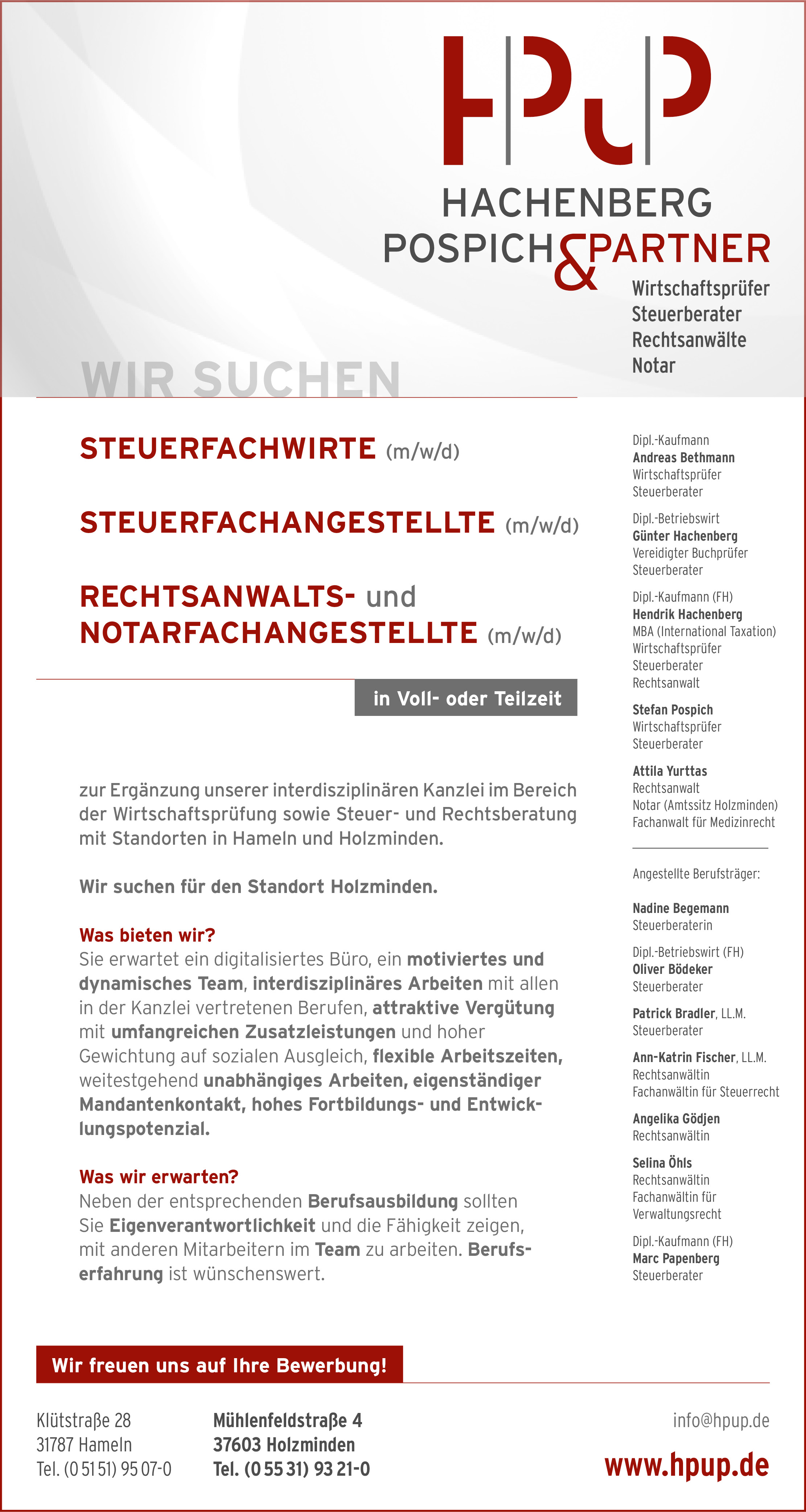 Steuerfachwirte, Steuerfachangestellte & Rechtsanwalts- und Notarfachangestellte (m/w/d) - Hachenberg, Pospich & Partner Holzminden
