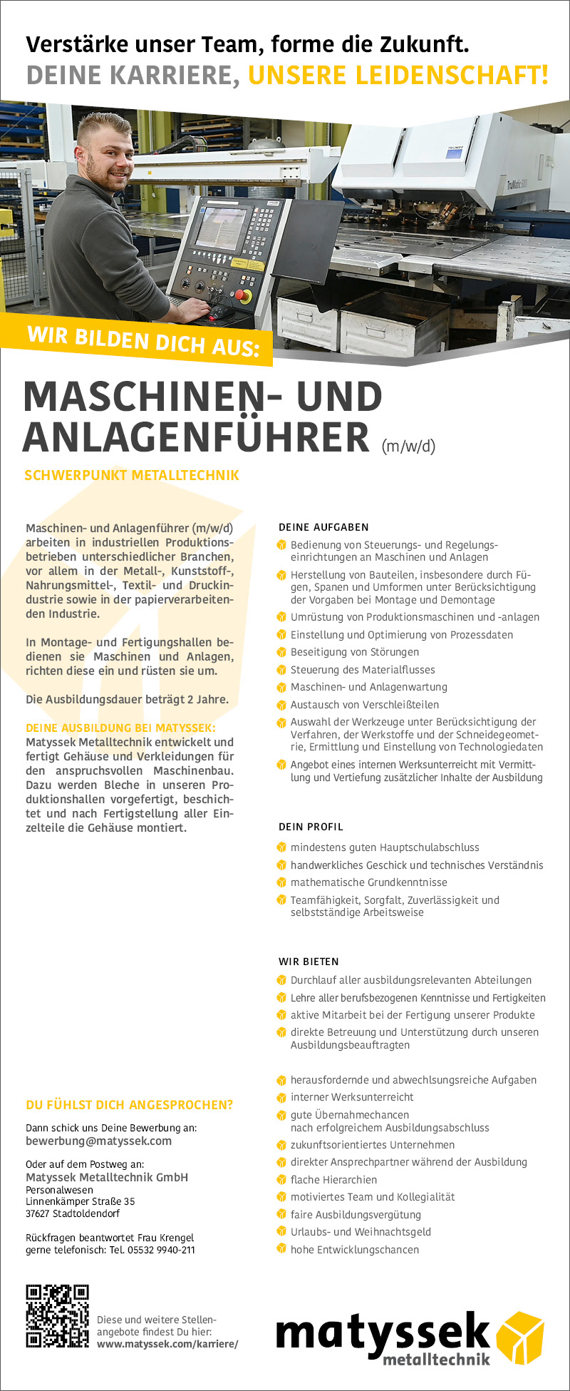 Auszubildende/r Maschinen- und Anlagenführer (m/w/d) Ausbildungsstart am 01. August 2025 - Matyssek Metalltechnik GmbH