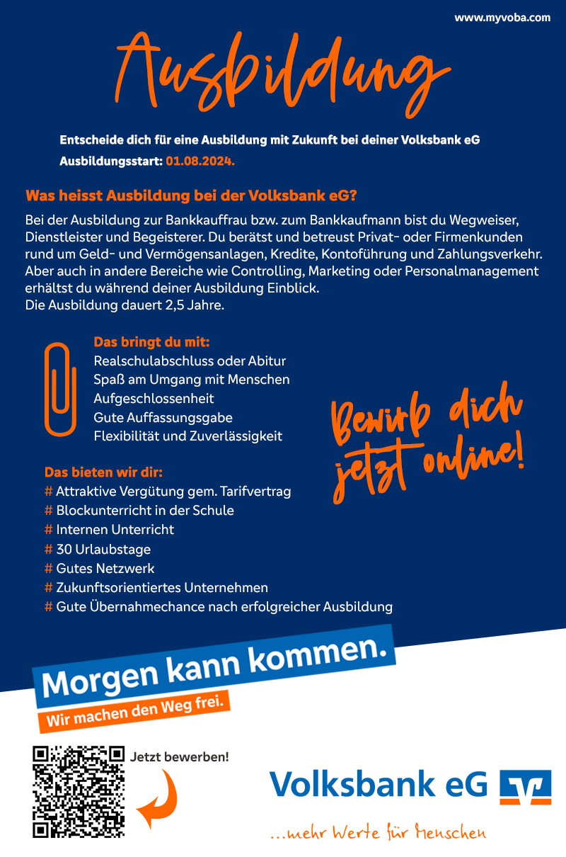 Ausbildung zur/zum Bankkauffrau / Bankkaufmann (m/w/d) - Volksbank eG