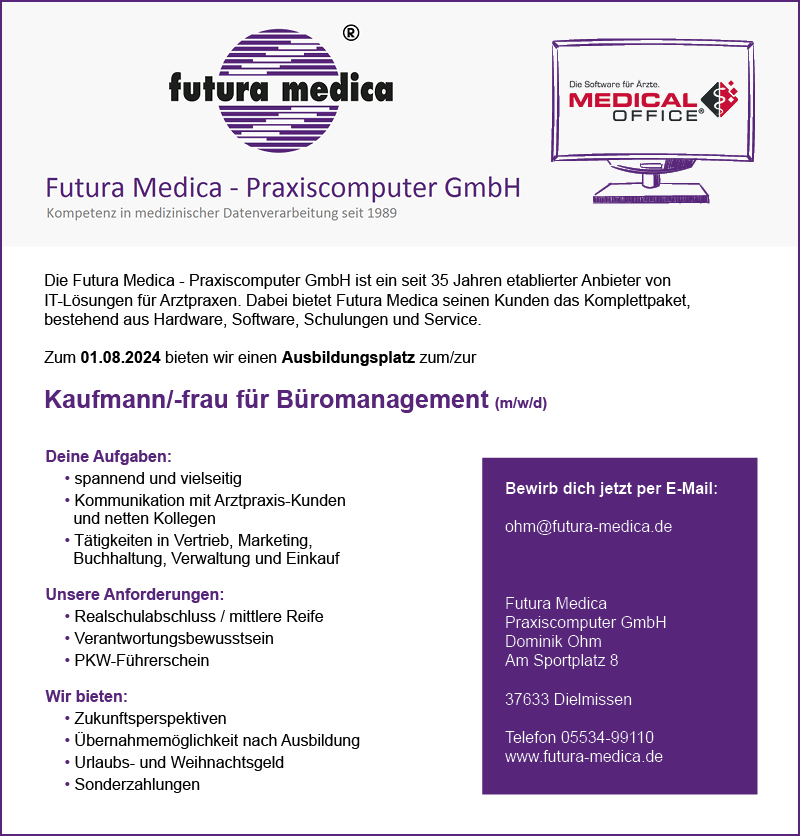 Ausbildung zum/zur Kaufmann-/frau für Büromanagement (m/w/d) - Futura Medica - Praxiscomputer GmbH