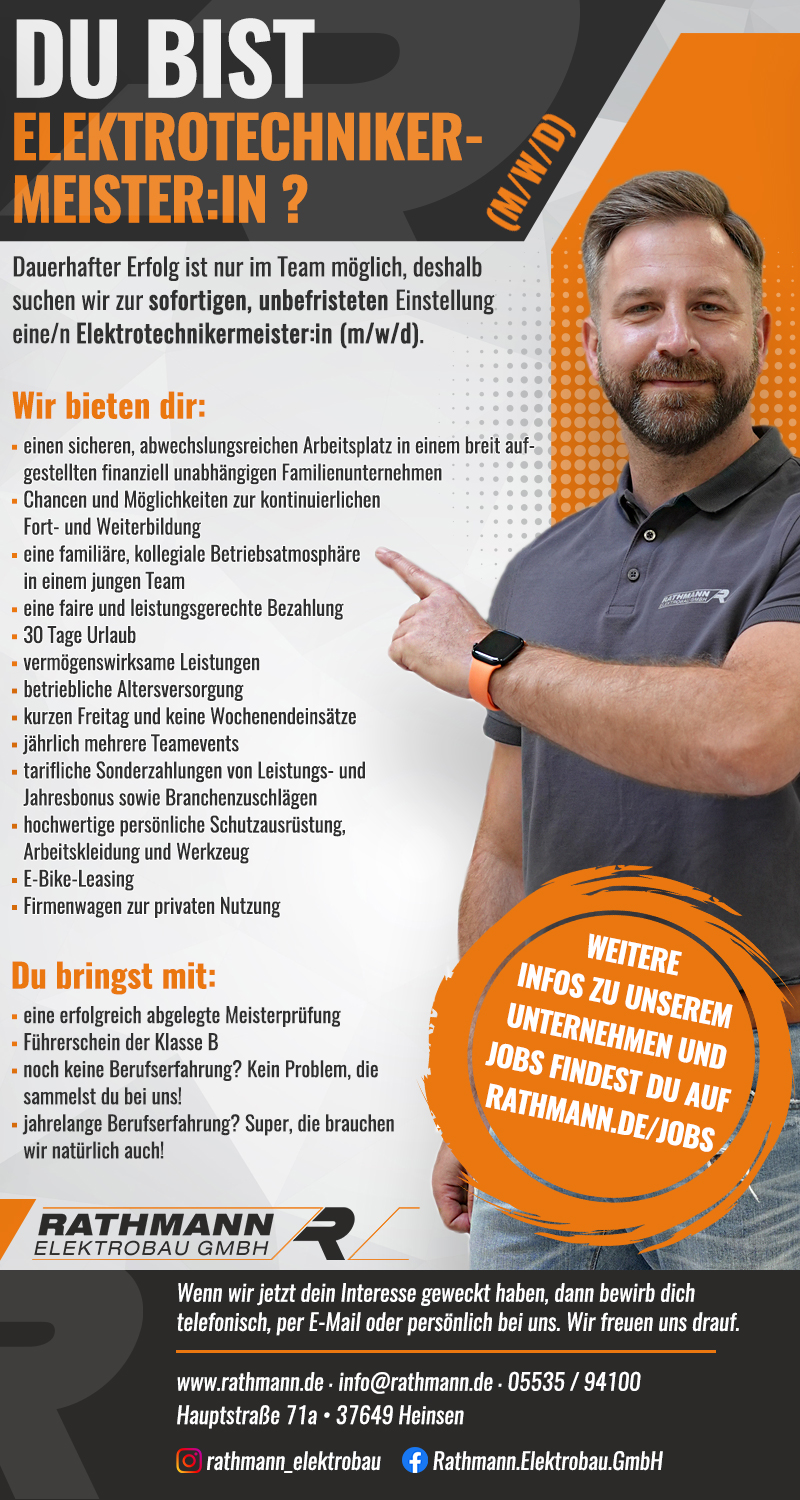 Elektrotechniker-Meister:in (m/w/d) - Rathmann Elektrobau GmbH