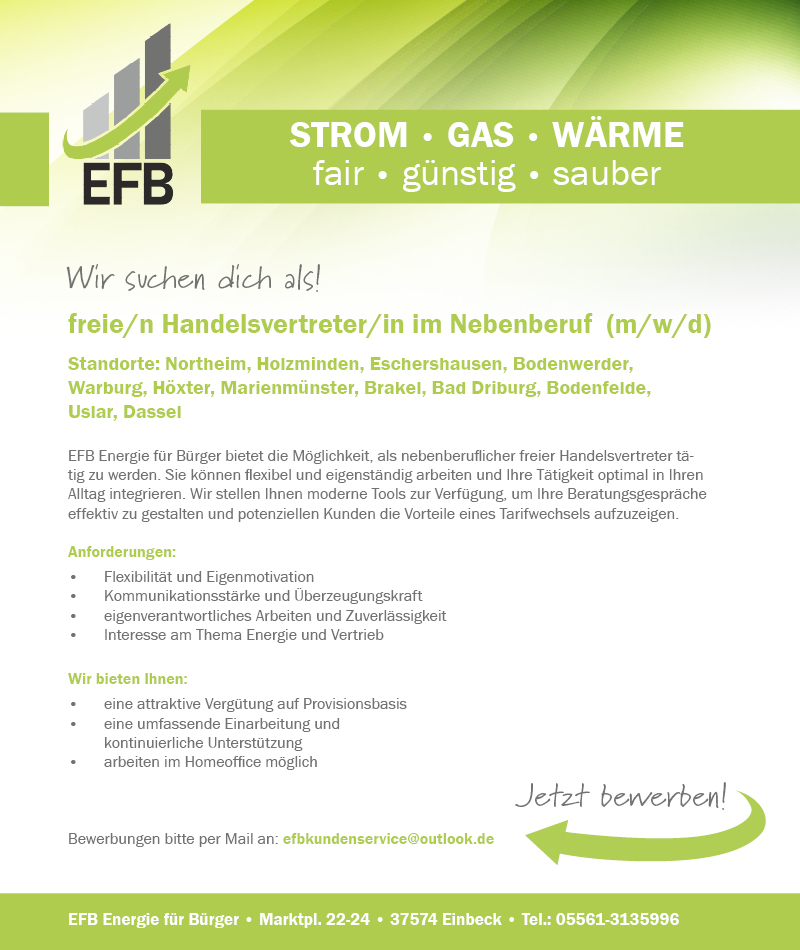 Freie/r Handelsvertreter/in im Nebenberuf (m/w/d) - EFB Energie für Bürger Einbeck
