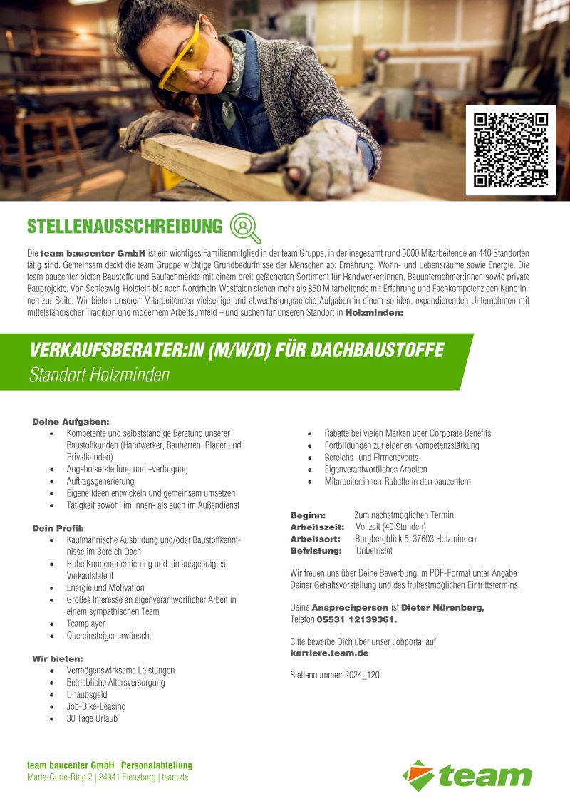 Verkaufsberater:in (m/w/d) für Dachbaustoffe - team baucenter GmbH