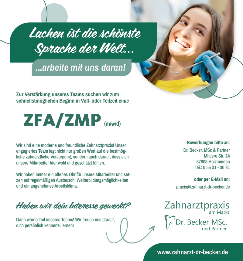  ZFA/ZMP (m/w/d) - Zahnarzt Dr. Becker Holzminden 