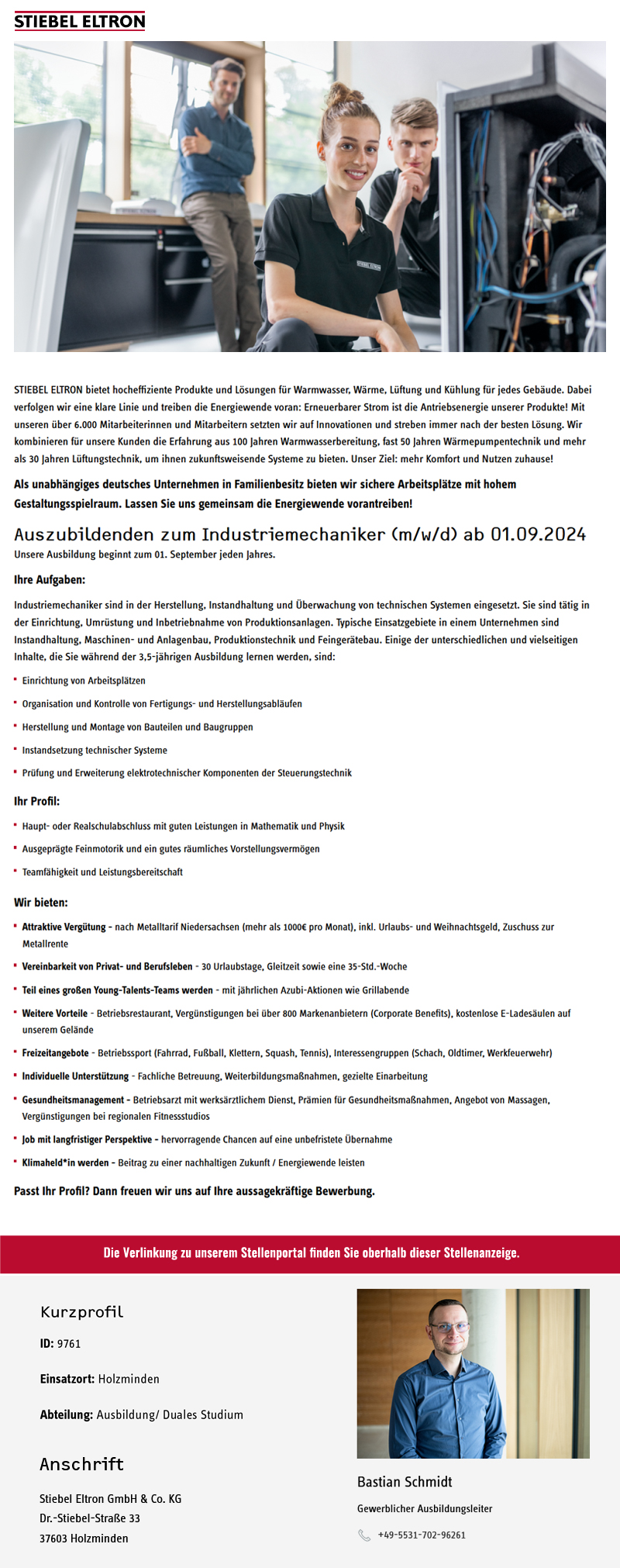 Auszubildenden zum Industriemechaniker (m/w/d) ab 01.09.2024 - Stiebel Eltron GmbH & Co. KG