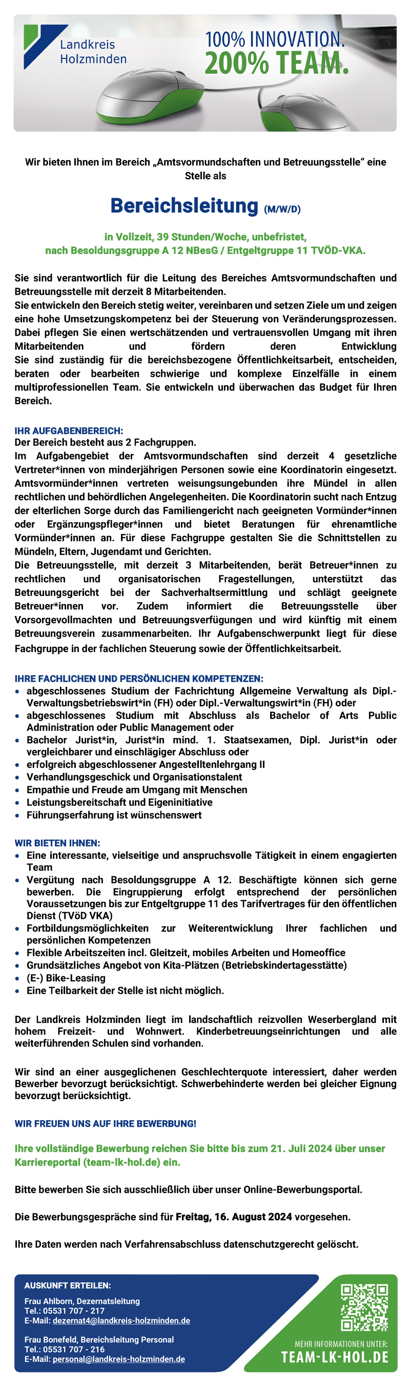 Bereichsleitung Amtsvormunschaften und Betreuungsstellen (m/w/d) - Landkreis Holzminden 