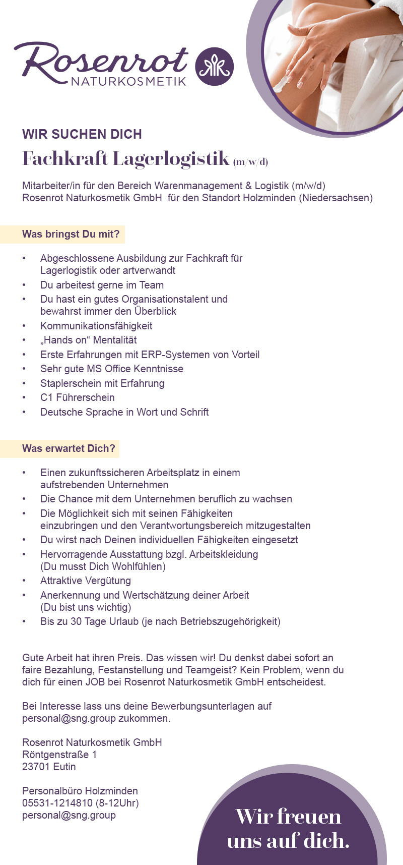 Fachkraft Lagerlogistik (m/w/d) - Rosenrot Naturkosmetik GmbH Standort Holzminden