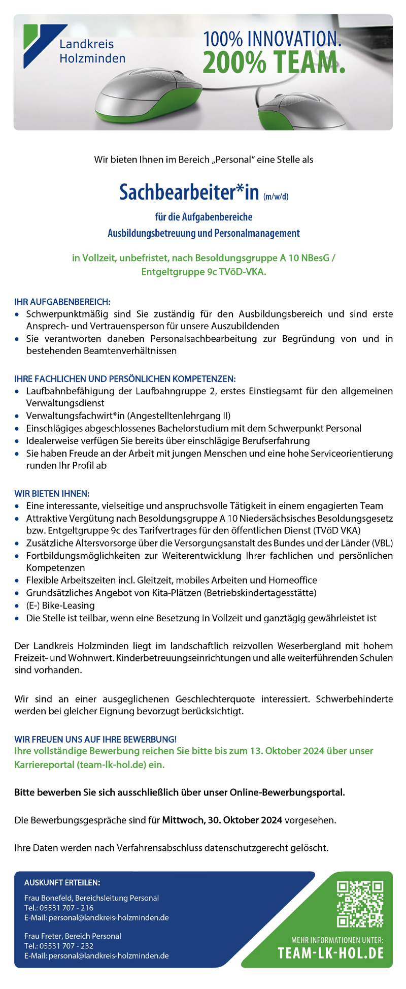 Sachbearbeiter/in (m/w/d) für die Aufabenbereiche Ausbildungsbetreuung und Personalmanagement - Landkreis Holzminden