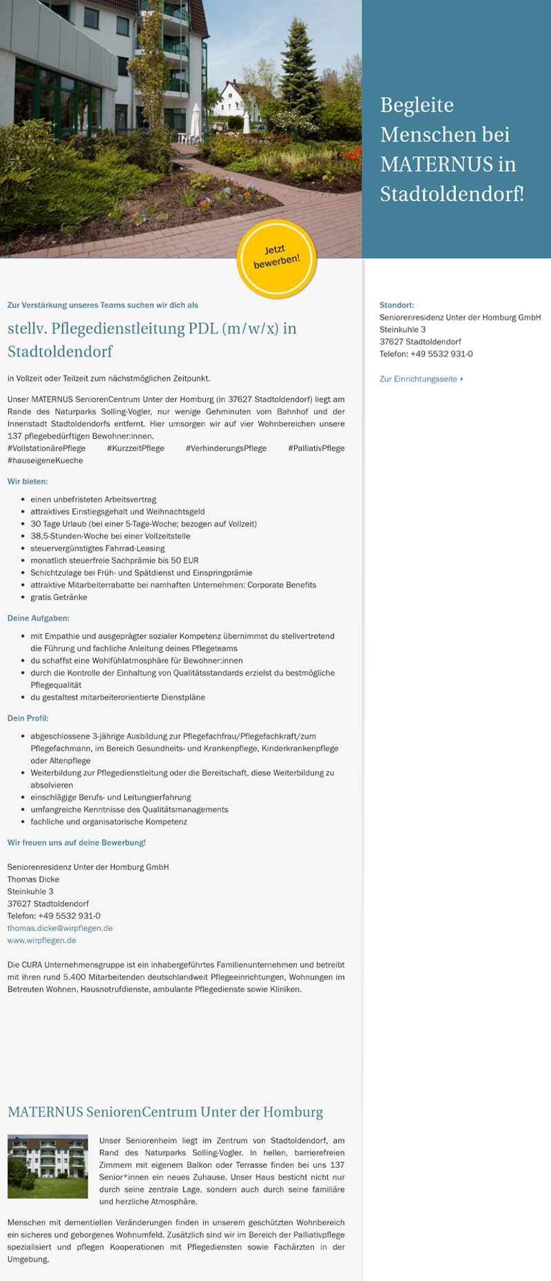 stellv. Pflegedienstleitung PDL (m/w/d) in Stadtoldendorf - MATERNUS Seniorenresidenz Unter der Homburg GmbH