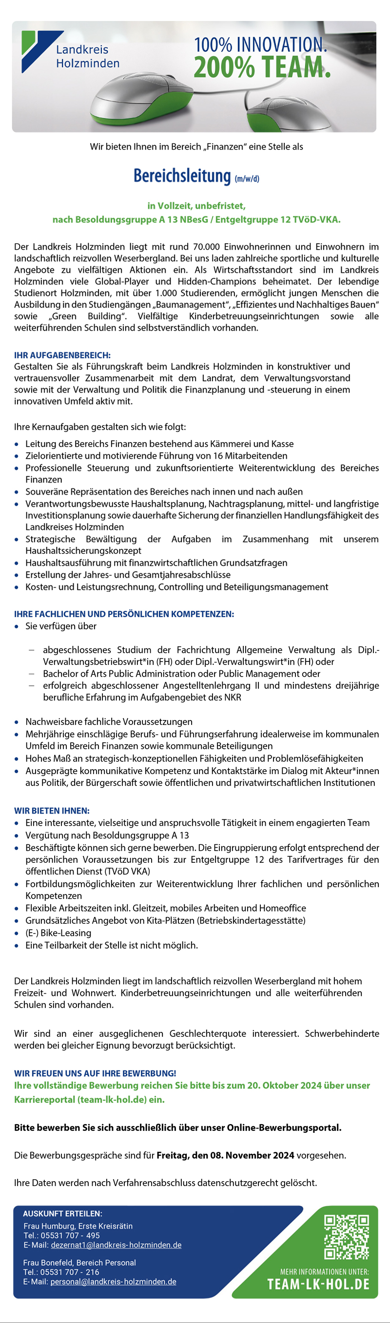 Bereichsleitung (m/w/d) im Bereich Finanzen - Landkreis Holzminden 