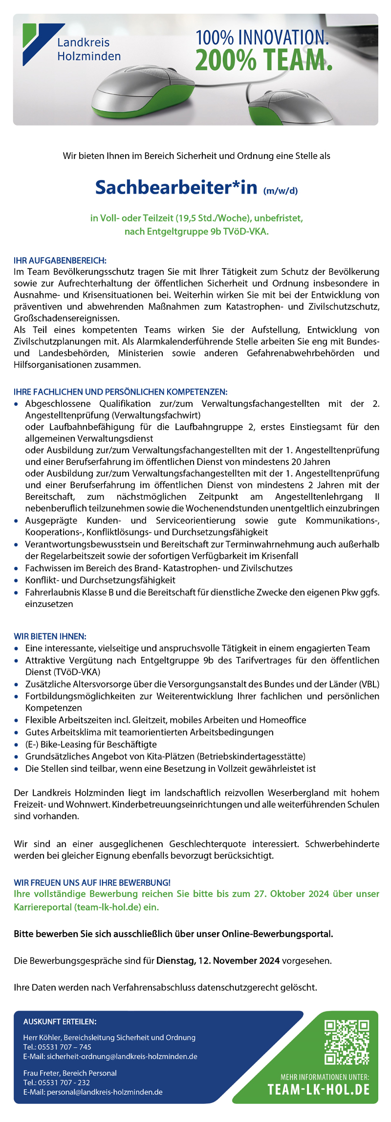 Sachbearbeiter/in (m/w/d) im Bereich Sicherheit und Ordnung EG 9b - Landkreis Holzminden 